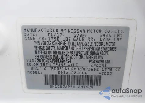 2017 Nissan Versa 1.6 Sv from USA, damaged, VIN 3N1CN7AP9HL894424